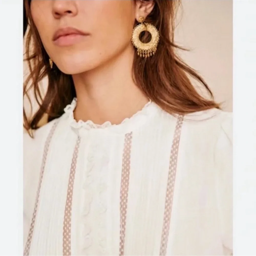 Sezane Antonia Linen Blouse White Size 36 Lace Trim - Picture 2 of 10